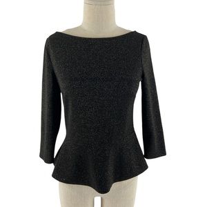 Loft Peplum Sparkle 3/4 Sleeve Black & Gold Shimmer Blouse Career Top Small